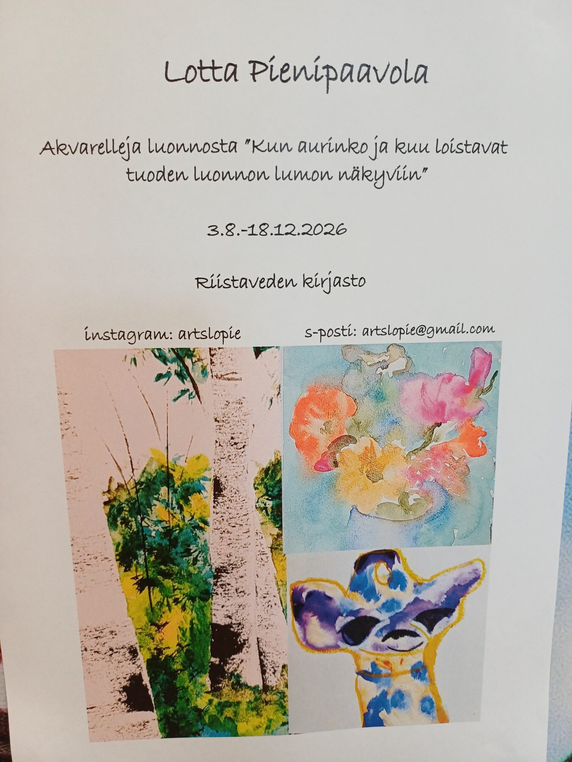 Akvarelleja luonnosta - Lotta Pienipaavolan akvarelleja Riistaveden kirjastossa